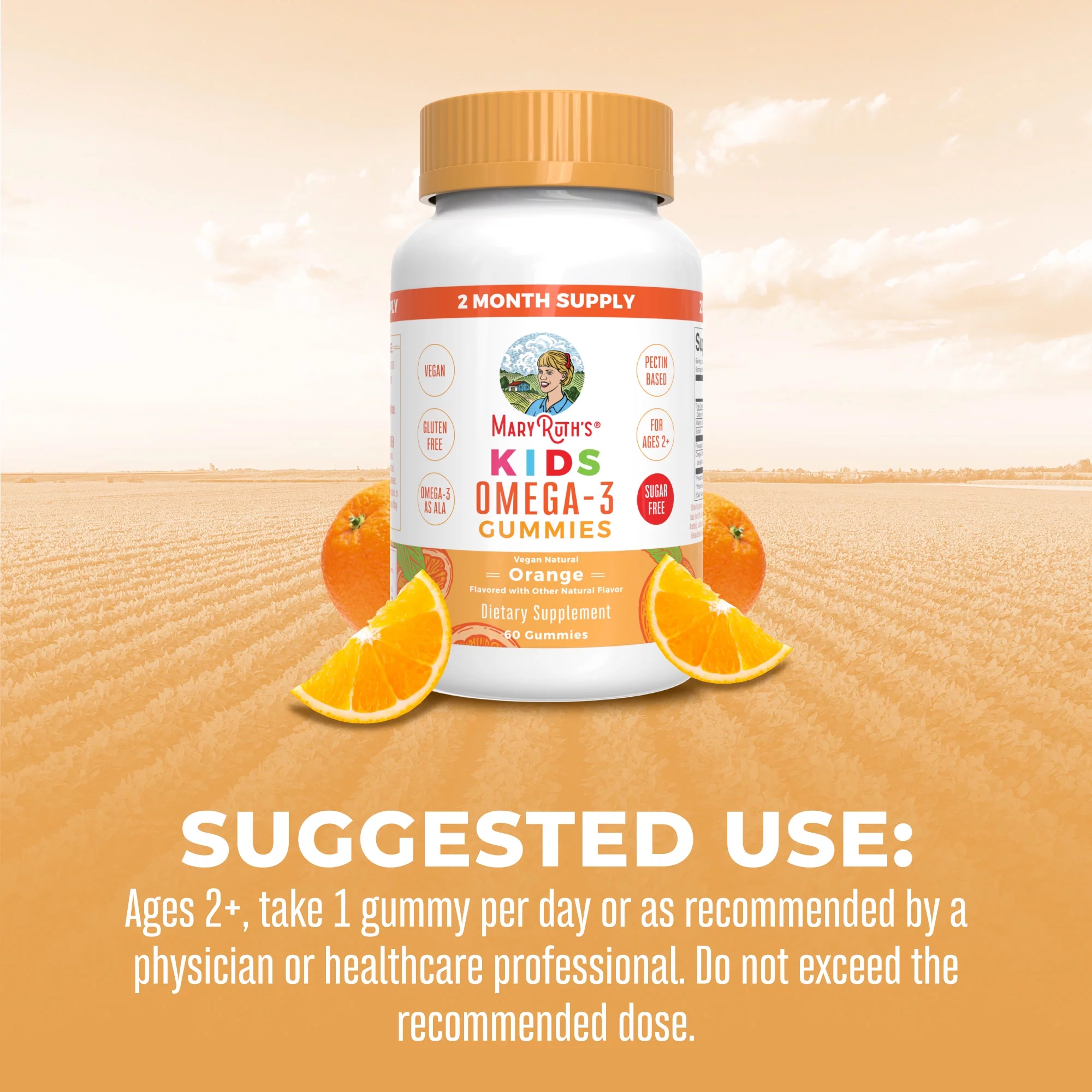 MaryRuth Organics | Vegan Omega 3 Gummies for Kids | Heart Health, Mood Support | Orange Flavor | Vegan, Non-GMO | 60 Count