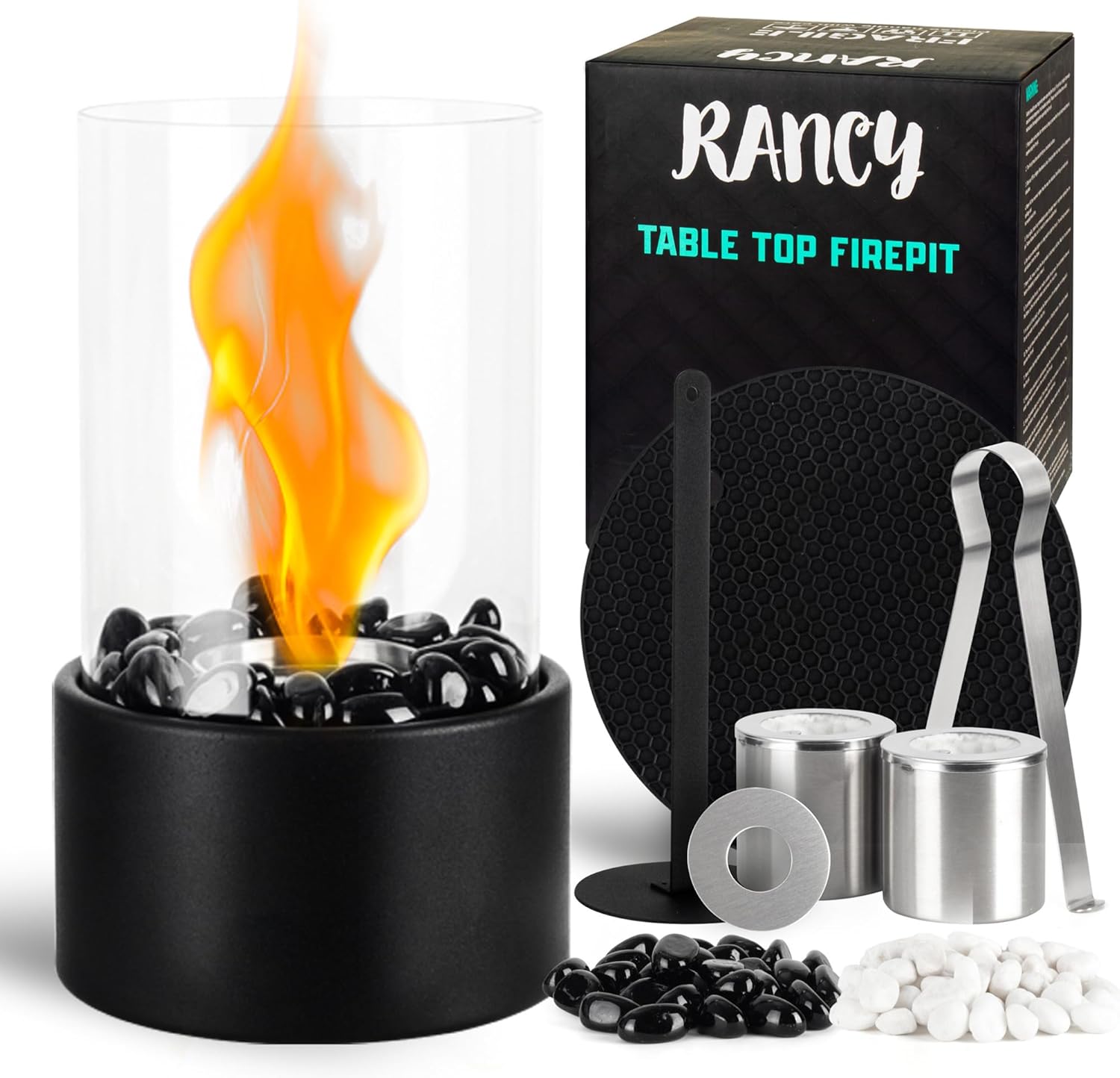 Tabletop Fire Pit [Up to 4h Burning Time] - Indoor Fire Pit, Good for Indoor/Outdoor Use, Black and White Stone Design, Portable Indoor Fire Pit Tabletop - Table Top Fireplace, Fire Pit Table - RANCY