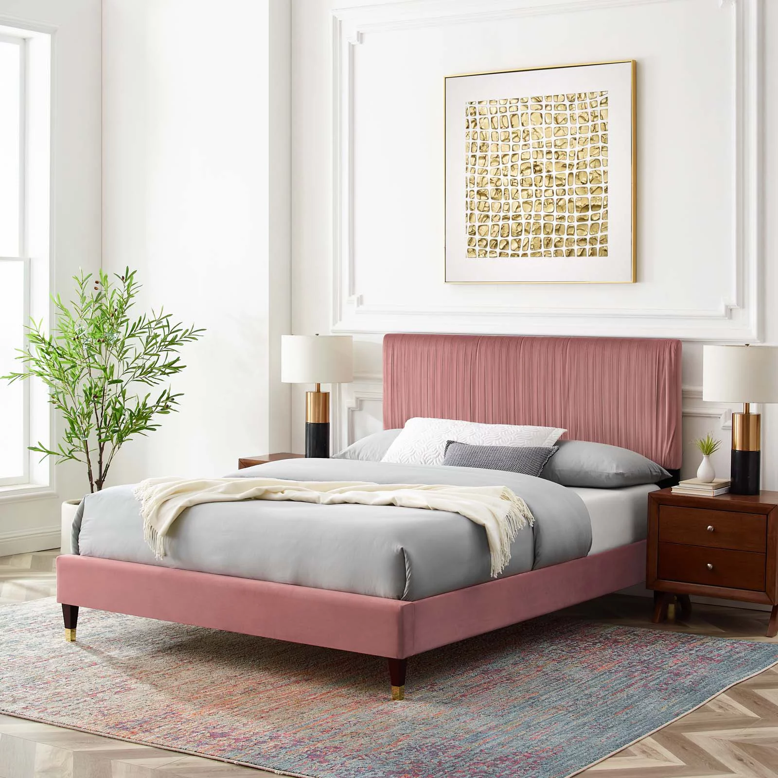 Platform Bed Frame, Full Size, Velvet, Pink, Modern Contemporary Urban Design, Bedroom Master Guest Suite