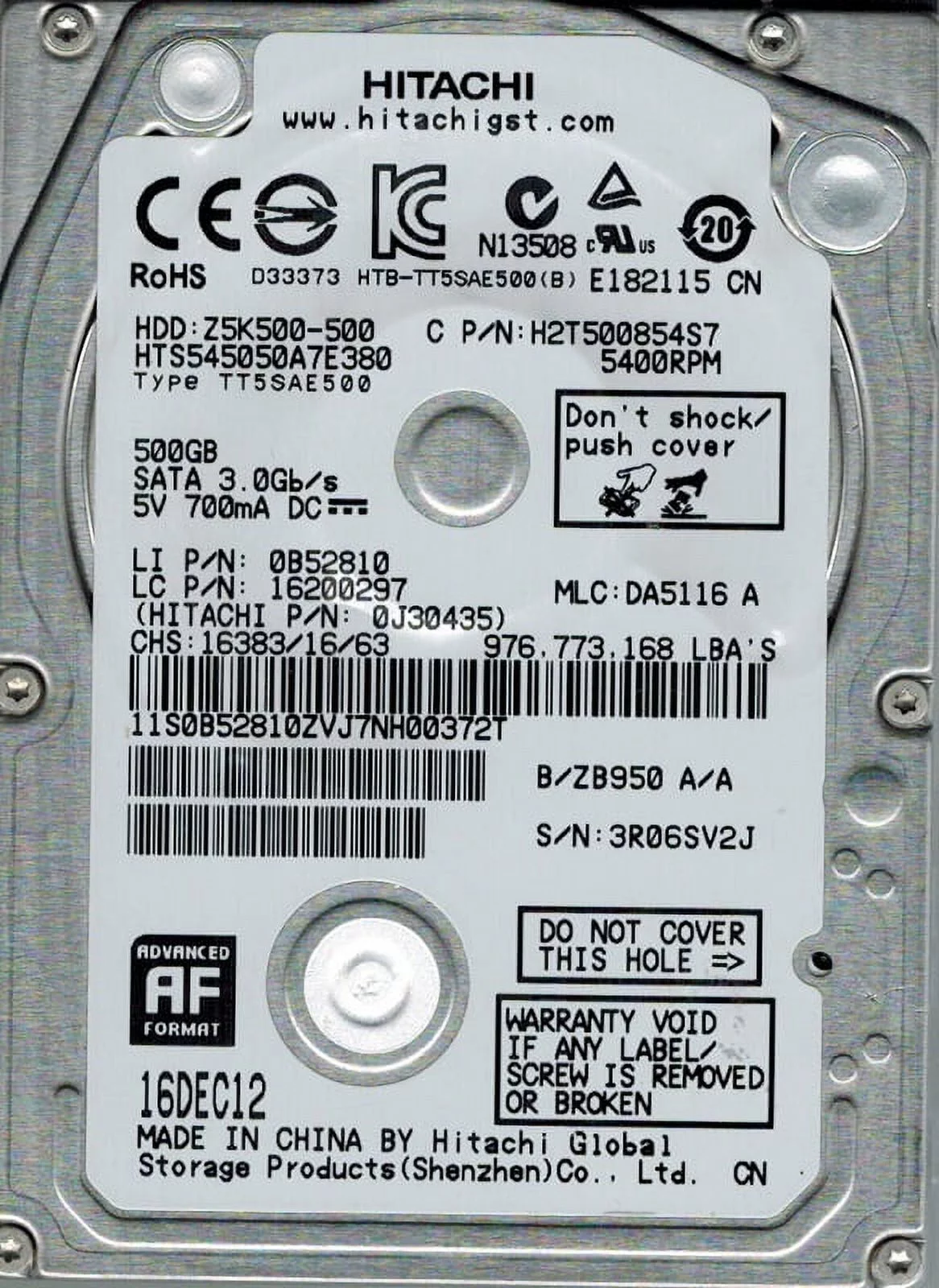 Hitachi HTS545050A7E380 P/N: 0J30435 MLC: DA5116 500GB