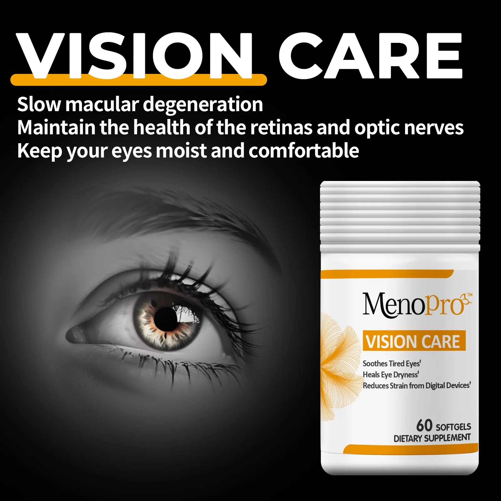 Menopro Vision Care Softgels, Lutein, Zeaxanthin, Astaxantin, Hyaluronic Acid, Omega 3 (EPA, DHA), Zinc, Copper, Vitamin C & E, 60 Day Supply - 60 ct