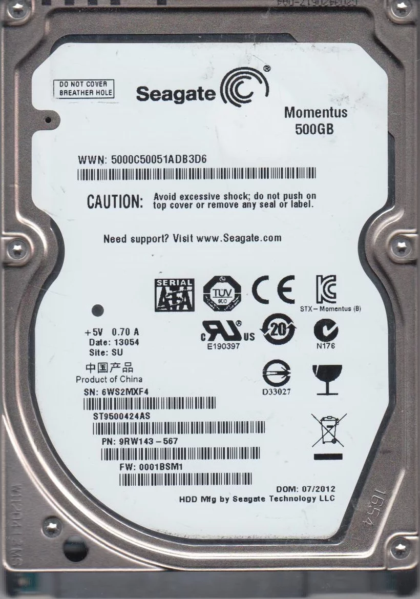ST9500424AS, 6WS, SU, PN 9RW143-567, FW 0001BSM1, Seagate 500GB SATA 2.5 Hard Drive