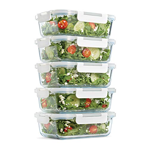 Fit & Fresh Divided, 5-Pack, Two Compartments, Set of 5 Containers with Locking Lids, Glass Storage, Meal Prep Containers with Airtight Seal, 27 oz.