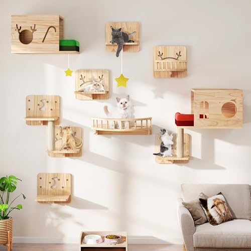 Cat Wall Shelves and Perches, Solid Wood Wall Mounted Cat Furniture, Set of 13 Cat Climbing Shelves with Moon Hammock, House, Wall Ladder, Scratching Post and Cat Tunnel
