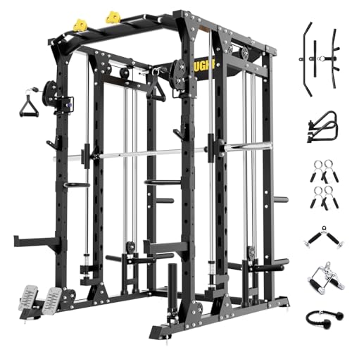 F4 Smith Machine, Power cage with Adjustable Cable Crossover System, All-in-One Squat Rack Training Equipment for Home Gym