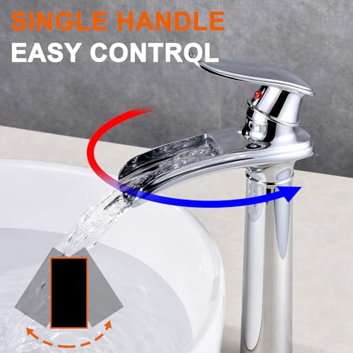 Bathroom Vessel Sink Faucet, Waterfall Oil Rubbed Bronze Bathroom Faucet, Vessel Faucet, Tall Body 1 Hole Single Handle with Pop Up Drain Combo Vanity Mixer Tap Basin Bowl Sink