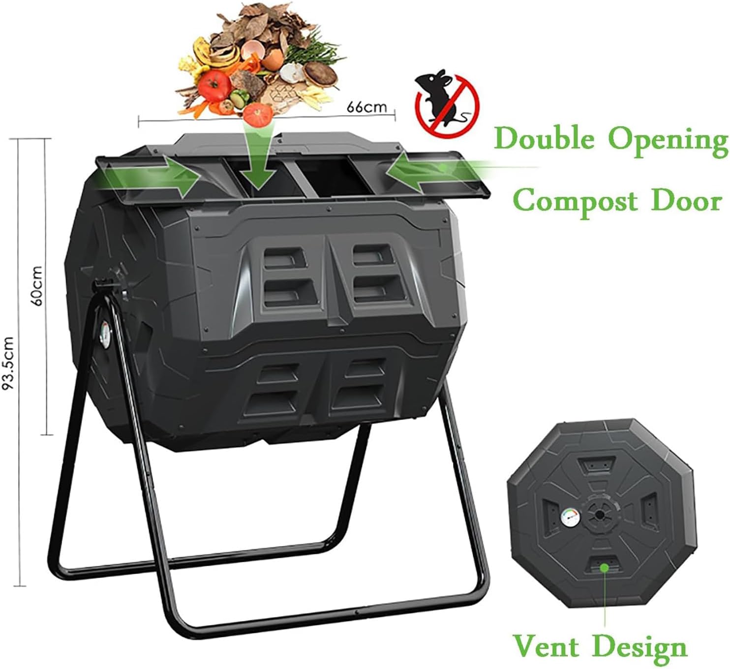 Outdoor Compost Bin, 160L Tumbling Compost Bin Outdoor Dual Chamber 360° Rotating Composter with Thermometer and Dual Chamber Sliding Doors, for Fast Creation of Fertile Soil