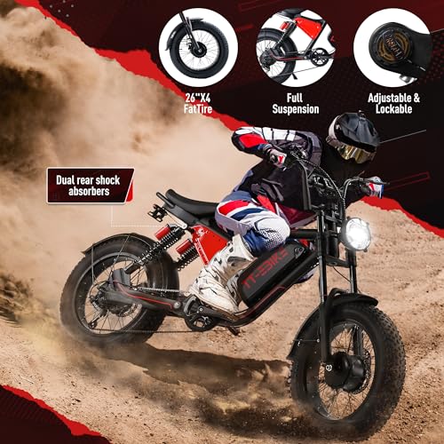 Dual:𝟑𝟎𝟎𝟎𝐖,𝟐𝟎𝟎𝟎/𝟏𝟓𝟎𝟎/𝟏𝟎𝟎𝟎𝐖 Folding Electric Bike Adults with 48V 23/20/17.5AH Battery, 26x4.0 Fat Tire Mountain E Bike, Full Suspension 31-38 MPH, Shim 7-Speed Gear