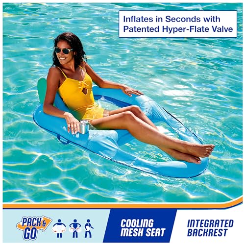 SwimWays Spring Float Premium Recliner Pool Lounger, Inflatable Pool Floats Adult with Fast Inflation for Ages 15 & Up, Sky Blue
