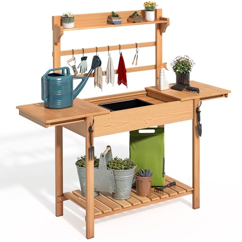 YITAHOME Potting Bench Table with Sink and Sliding Tabletop, Solid Wood Garden Table for Outside, Outdoor Wooden Workstation with Hooks and Storage Shelves for Porch, Patio, Balcony