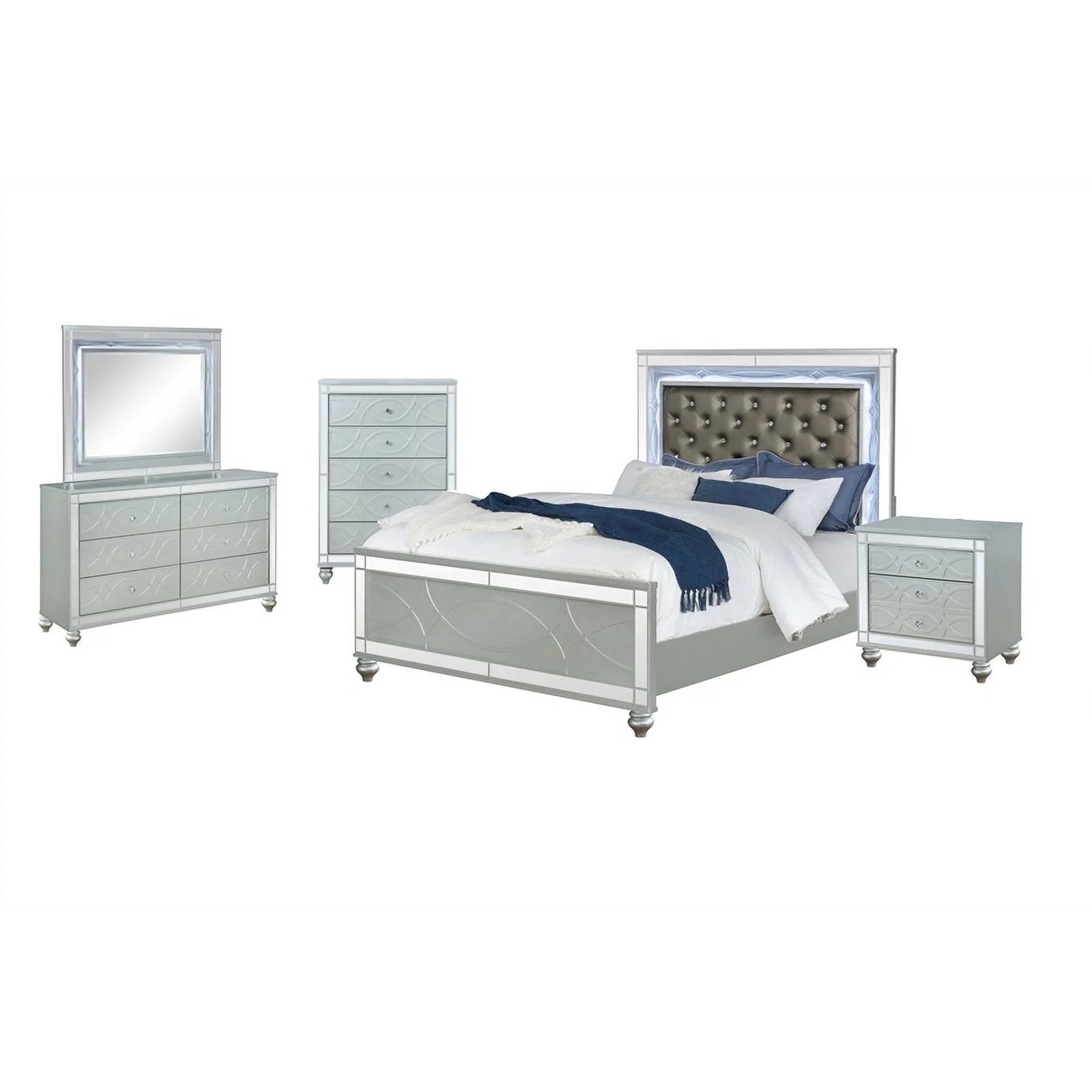 Pemberly Row 5-piece Queen Wood Bedroom Set with LED Light Silver