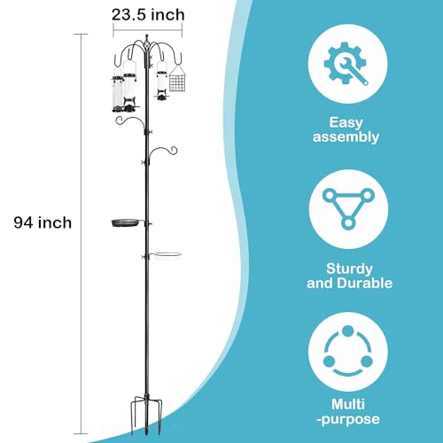 6-Hook Bird Feeding Station Kit, Wild Bird Feeder Stand Pole, Multi-Feeder Kit Stand with 4 Feeders, Bird Bath and Mesh Tray, 94 Inch