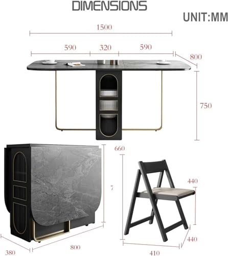 Folding Dining Table, Versatile Square Dinner Table with 4 Wheels and Storage Racks, Space Saving Kitchen, Luxury Slate Dining Room Table