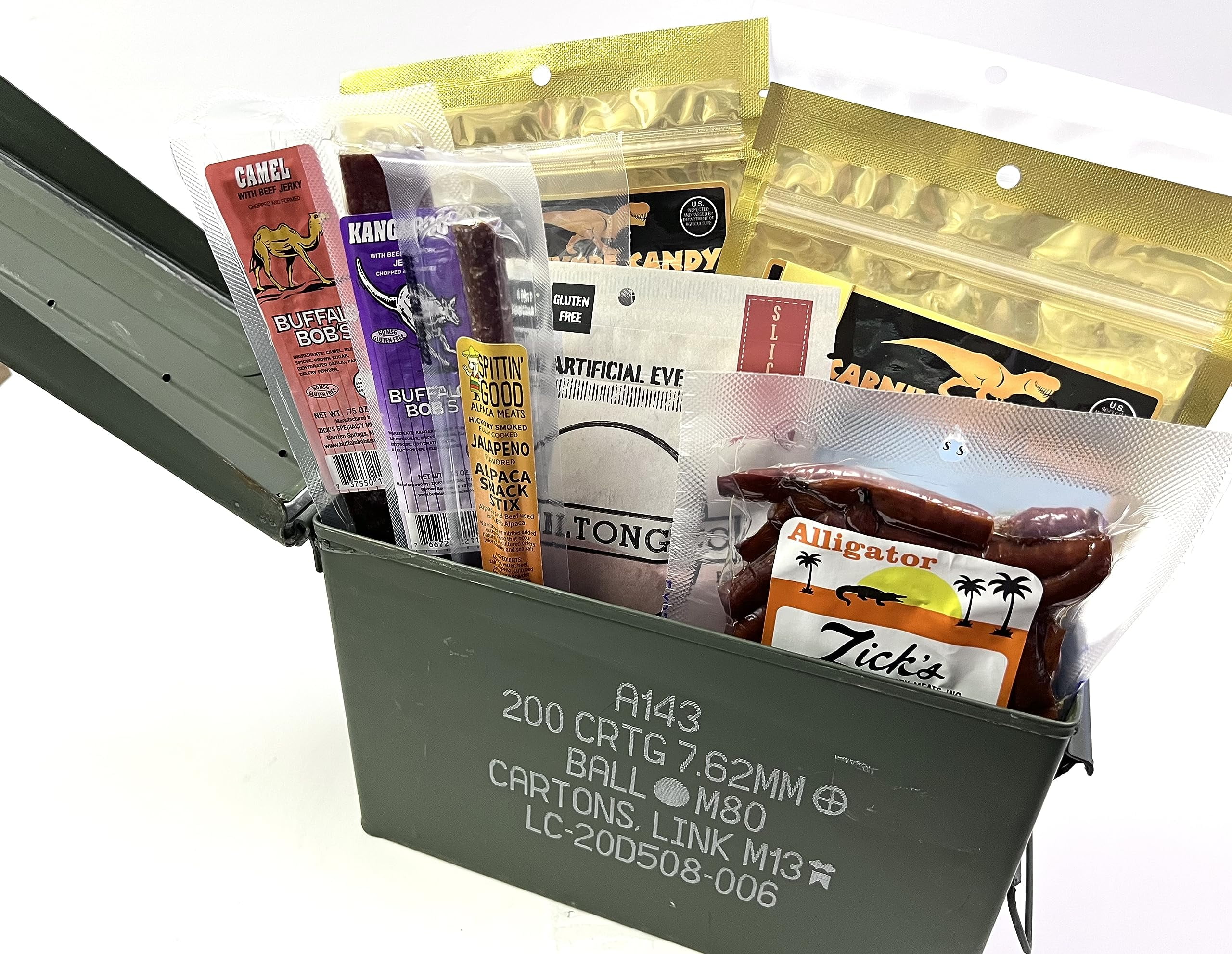 Jerky Dynasty Exotic & Gourmet Jerky Survivor's Kit in a Ammo Can - Premium Whole Pieces & Sticks for Camping, Hiking, Fishing, Hunting, and Apocalypse Prepping - Long Shelf Life