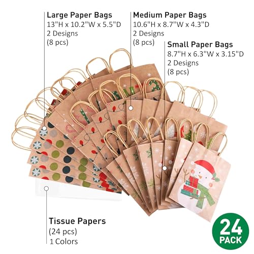 SUNCOLOR Pack of 24 Christmas Gift Bags Assorted Sizes With Tissue paper (8 Large 13