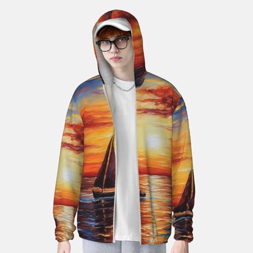 UPF 50+ Sunset Sailboat Sun Protection Hoodie Jacket Quick Dry Rash Guard Long Sleeve Sun Shirt