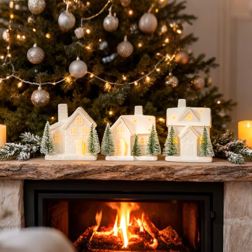 WDS WONDROUS Ceramic Christmas Village House Set Decor- Set of 3 Light Up Christmas Houses, White Lighted House Figurines with Green Pine Trees, Tabletop Xmas Decor for Home Farmhouse, Winter Holiday