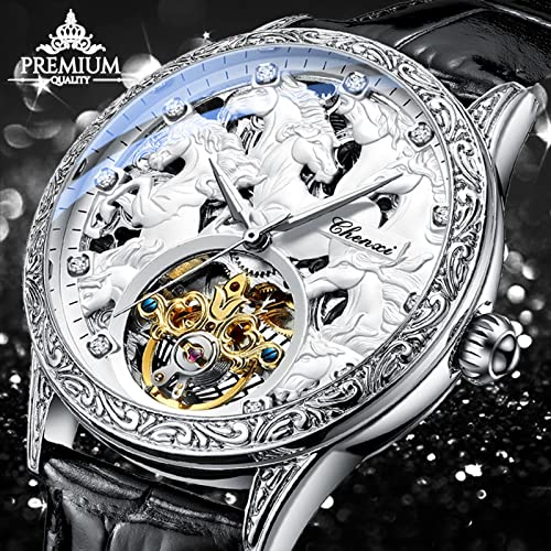 FORSINING Men's Gold Luxury Tourbillon Watch Tiger Carved Moon Phase Self-Winding Mechanical Automatic Watches Retro Tattoo Skeleton Large Dial Leather Belt Wristwatch