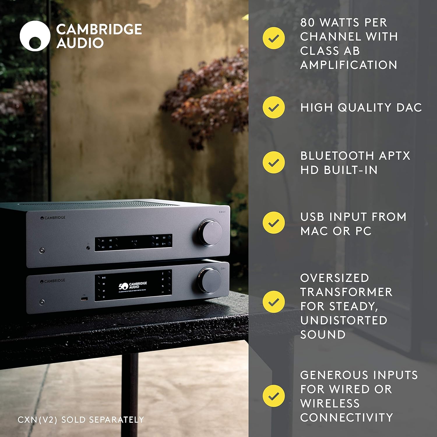 Cambridge Audio CXA81 Stereo Two-Channel Amplifier with Bluetooth and Built-in DAC - 80 Watts Per Channel (Lunar Grey)