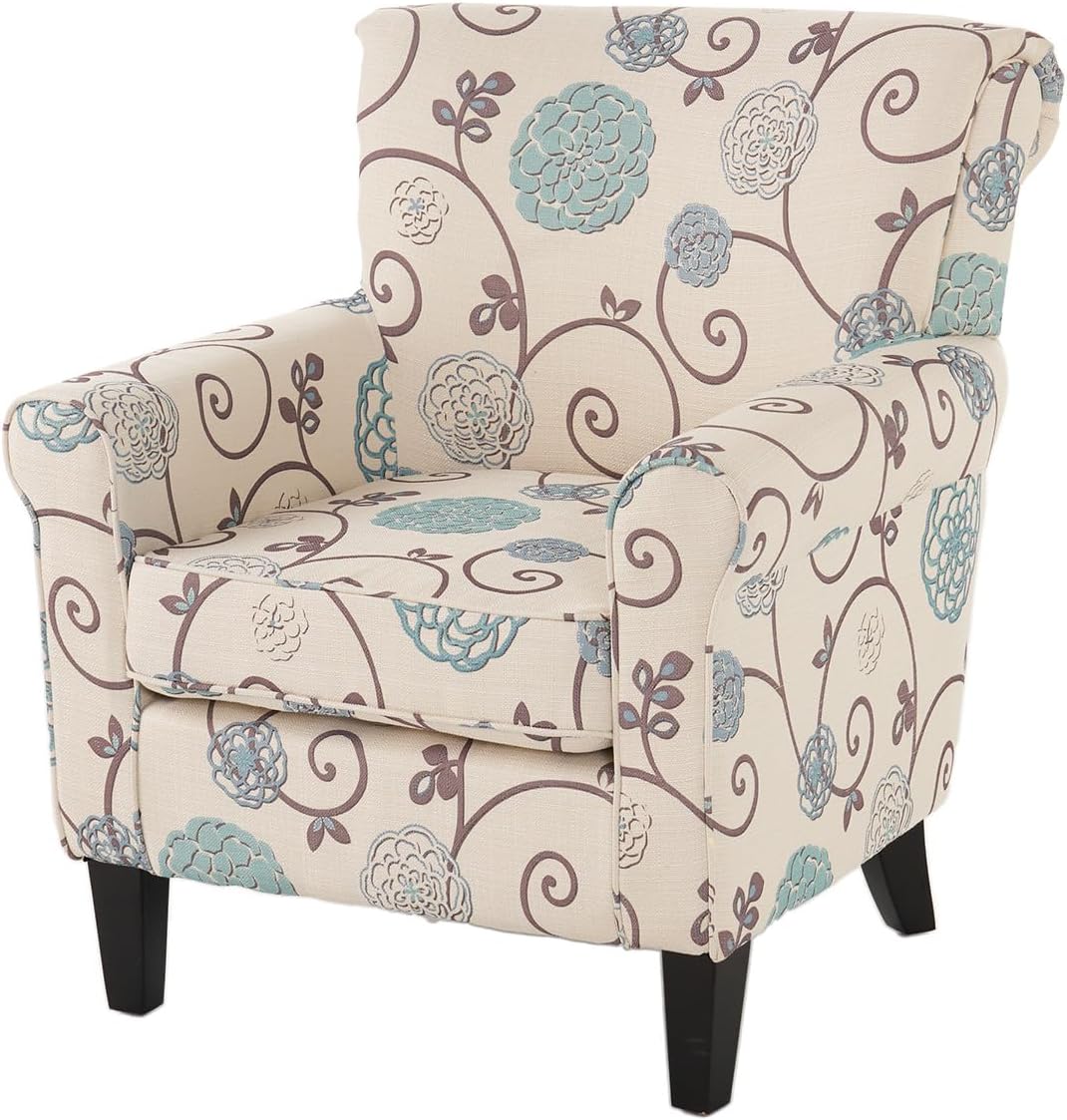 Millies Patterned Fabric Sofa, Modern Chic Couch,Living Room Armchair with Wooden Metal Legs for Bedroom Living Reading Room,White/Blue Crushed Floral Sofa