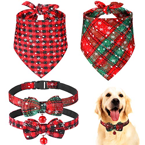 4 Pieces Christmas Dog Bandanas and Collars Set Xmas Christmas Classic Plaid Dog Neck Tie Triangle Bib Scarf Kerchief Adjustable PET Bow Tie with Safety Bell Costume for Cat(L,Stylish Style)