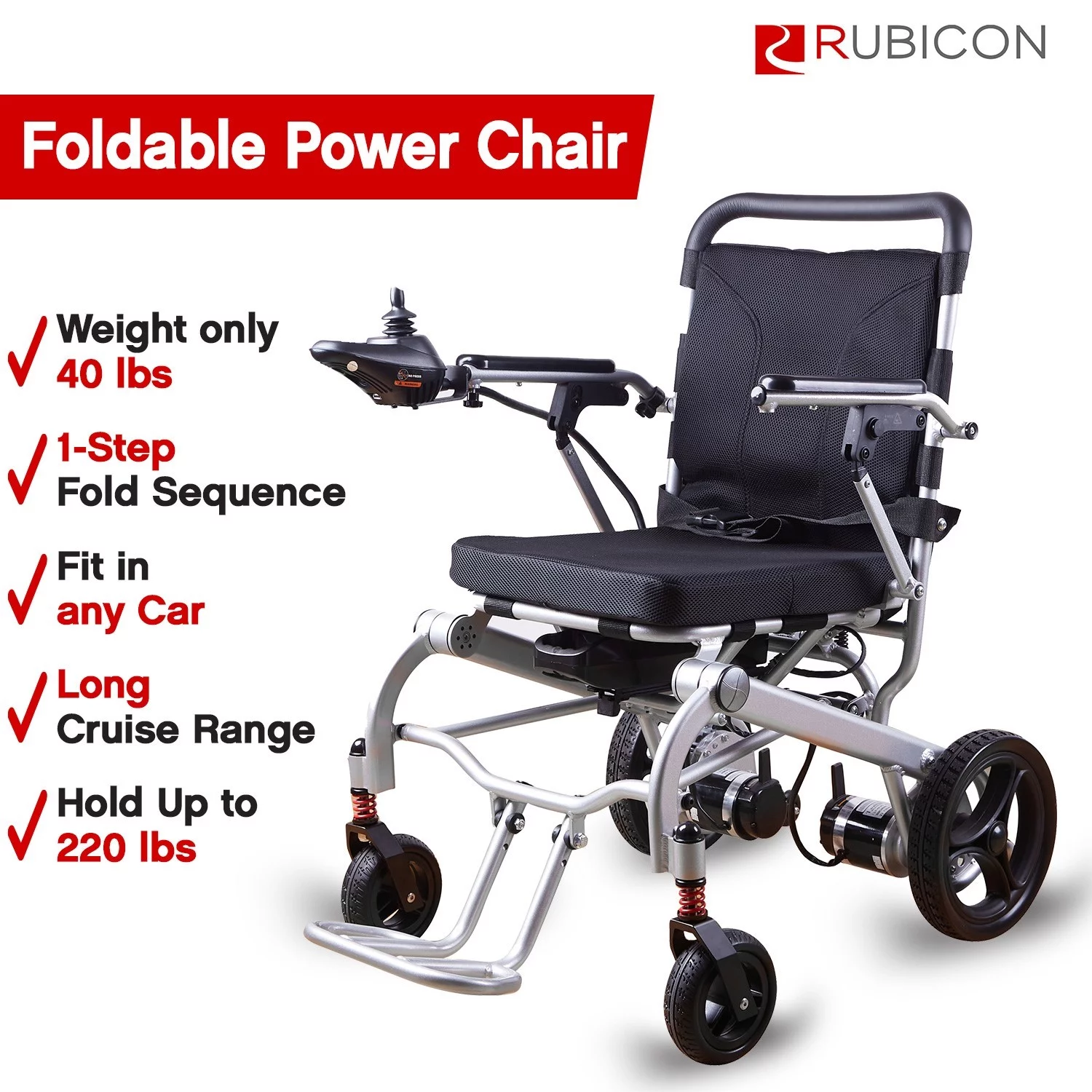 Rubicon Super Lightweight Foldable Electric Wheelchair - Easy to Use - 12 mi Cruise Range - Detachable Battery -  Liftable Armrest