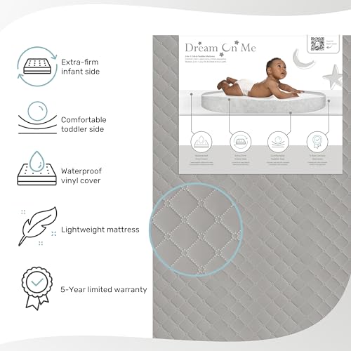 Dream On Me Asheville 4” Firm Fiber Crib And Toddler Mattress | Waterproof | GreenGuard Gold Certified | Dual-Sided Mattress | Grey Embossed Cover | Lightweight Reversible Design