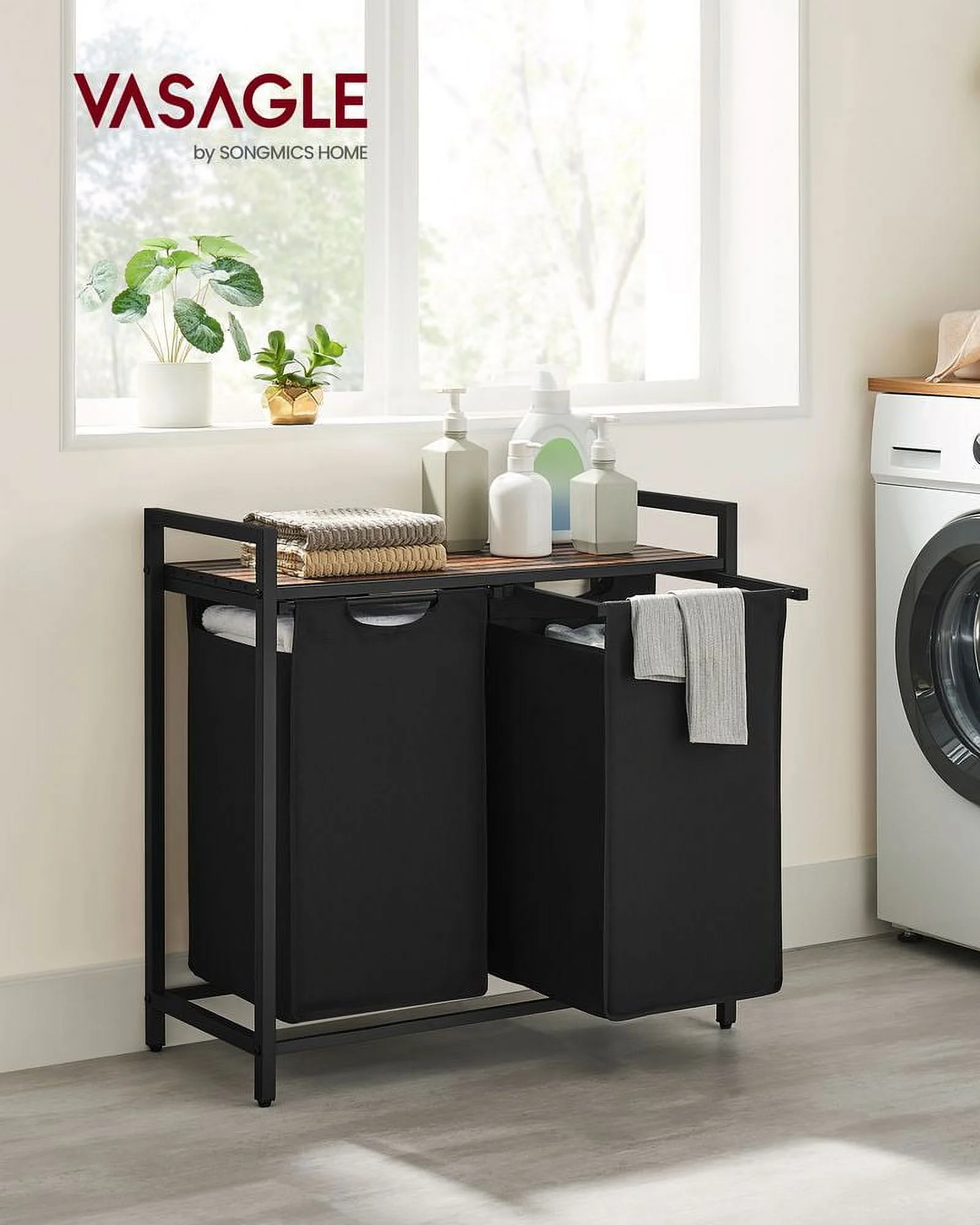 VASAGLE 2 Section Laundry Hamper with shelf Laundry Sorter with 2 Pull-Out and Removable Bags for Bathroom Laundry Room Rustic Brown and Black