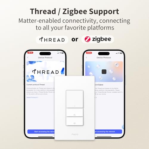 Aaqara Smart Dimmer Switch H2,2-in-1 Neutral,Thread/Zigbee Support,Silent On/Off Dimmer Light Switch for Incandescent,Halogen,Dimmable LED,ELV,and CFL