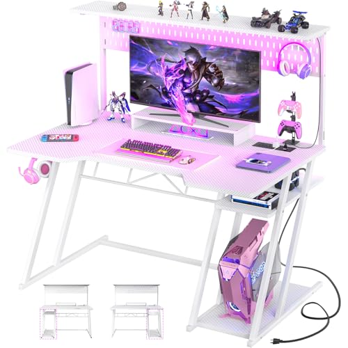 Armocity Gaming Computer Desk with Shelves and Outlets, Gaming Desk with Hutch and LED Lights, Reversible PC Gaming Desks with Pegboard, Carbon Fiber Black 47''