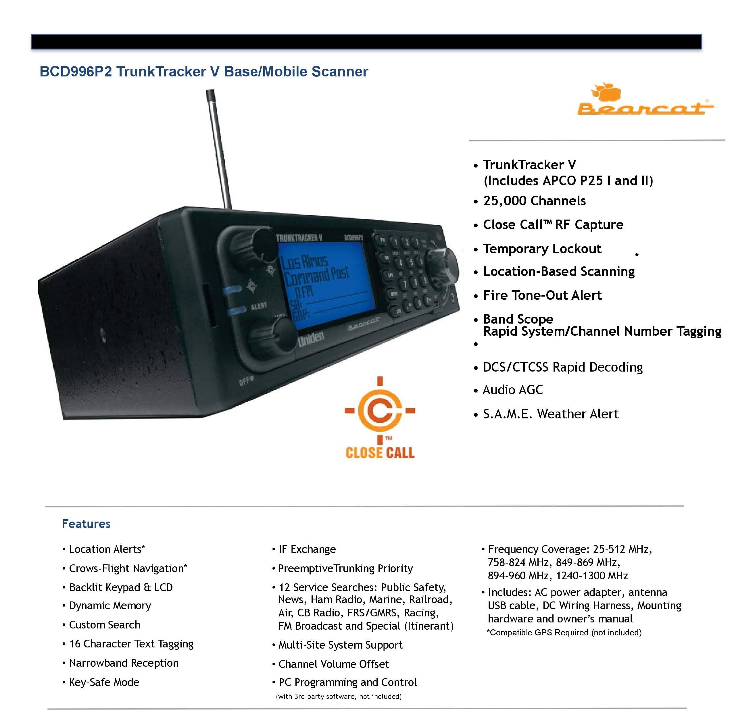 Uniden Trunktracker V BCD996P2 25000-Channel Scanner - 25-1300 Mhz