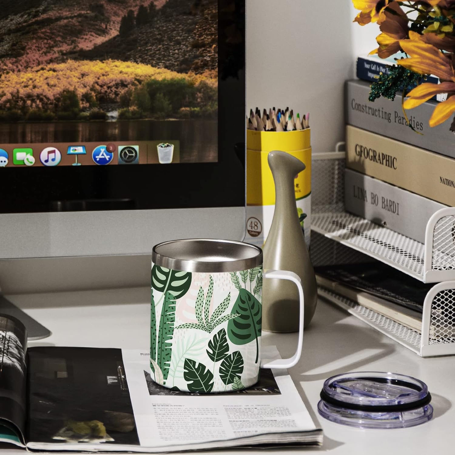 Lagute 12 Oz Sublimation Blank Mug Set, Stainless Steel Double Wall Insulated Cups,Coffee Tumbler Coffee Mugs with Handles and Lids, Birthday Diy Gift, 4 Pack/White