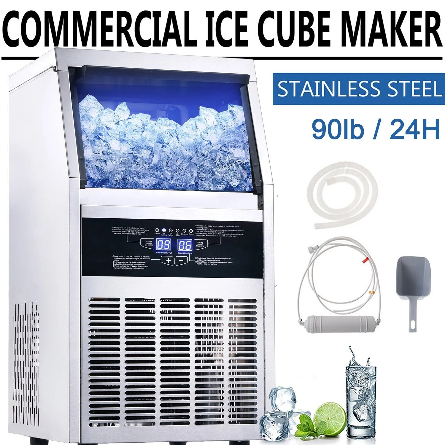 Zomagas Commercial Ice Maker 90lb Stainless Steel Bar Restaurant Built-in Cube Machine