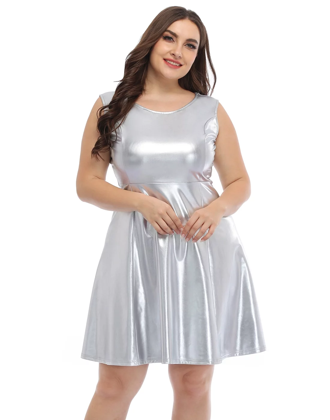 HDE Shiny Metallic Alien Costume Dress Futuristic Sleeveless Space Skater Dress Silver 1X