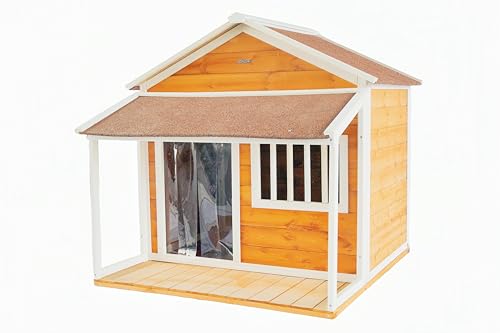 Indoor-Outdoor Wooden Dog House, Porch, Asphalt Roof, Plastic Door Curtain, Ventilation Windows, Brown, Weatherproof, Small to Medium Dog, Puppy Kennel