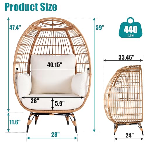 Outdoor Egg Chair, PE Wicker Chair with 4 Thicken Cushions, Patio Chairs 440 lbs Capacity, Oversized Balcony Chairs with Durable Steel Frame Perfect for Balcony, Backyard, Bedroom-Ivory