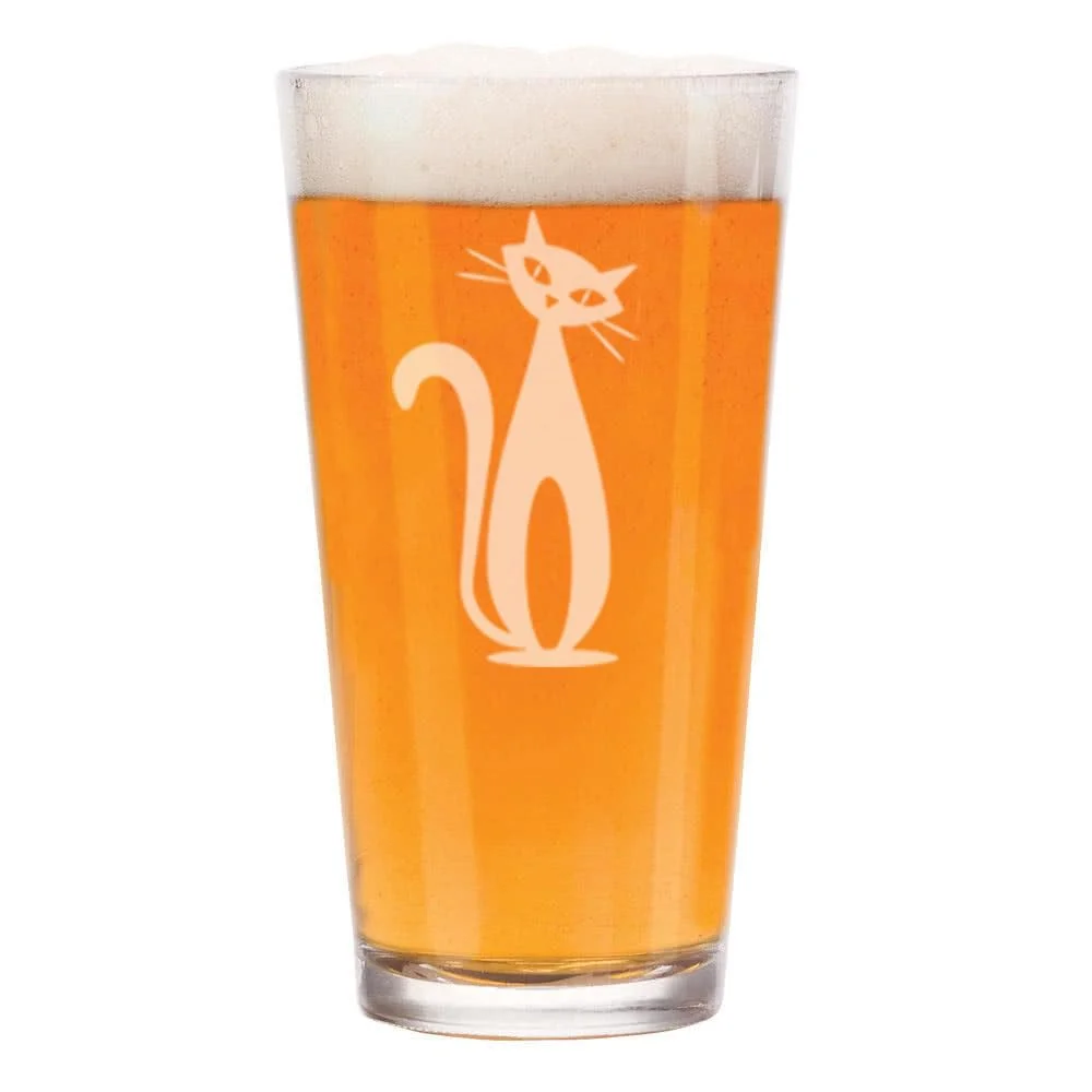 16 oz Beer Pint Glass Gift Atomic Cat Mid Century Modern Cat