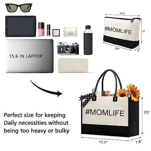 BeeGreen Mother's Day Gifts Personalized Women's Large White and Black Canvas Tote Bag, Embroidered Initials, Leather Handle, Zipper Closure