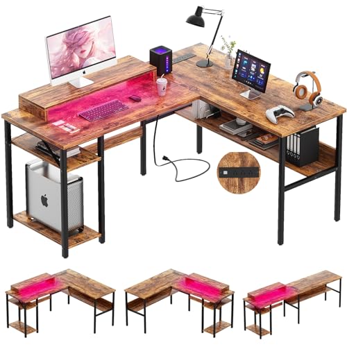 Unikito Reversible L Shaped Desk with Magic Power Outlets and Smart LED Light, Sturdy Corner Computer Desk with Monitor Stand & Storage Shelves, Gaming Table Home Office Desk, Easy Assembly, Black