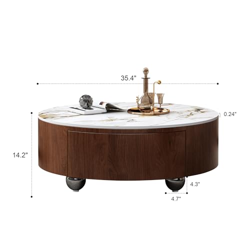 Modern Lift-Top Round Faux Marble Coffee Table with Hidden Storage, 31.5
