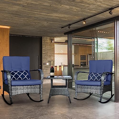ENSTVER 3 PCS Outdoor Conversation Rocking Chair Set,Patio Bistro Set with Thickened Cushions&Coffee Table, Porch Wicker Furniture Set for Backyard (Blue)