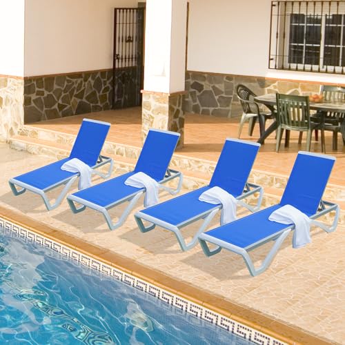 domi outdoor living Outdoor Chaise Lounge - Adjustable Aluminum Patio Lounge,Plastic Pool Lounge Chair (2 Blue Lounges W/Table)