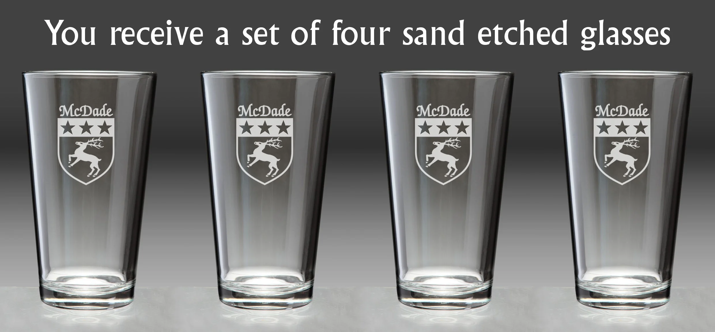 McDade Irish Coat of Arms Pint Glasses - Set of 4 (Sand Etched)