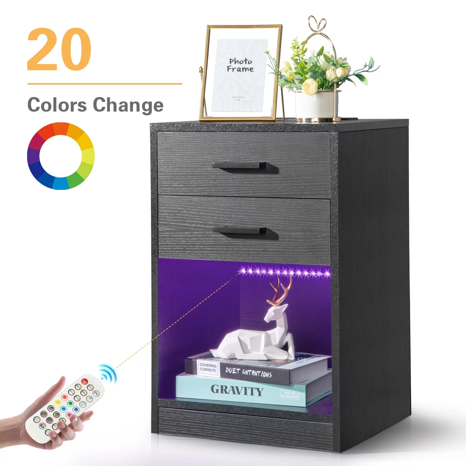 paproos LED Nightstand with 2 Drawers, Modern Black Nightstand with Remote Control LED, Tall Bedside Table, Nightstand with Storage Drawers for Bedroom Living Room