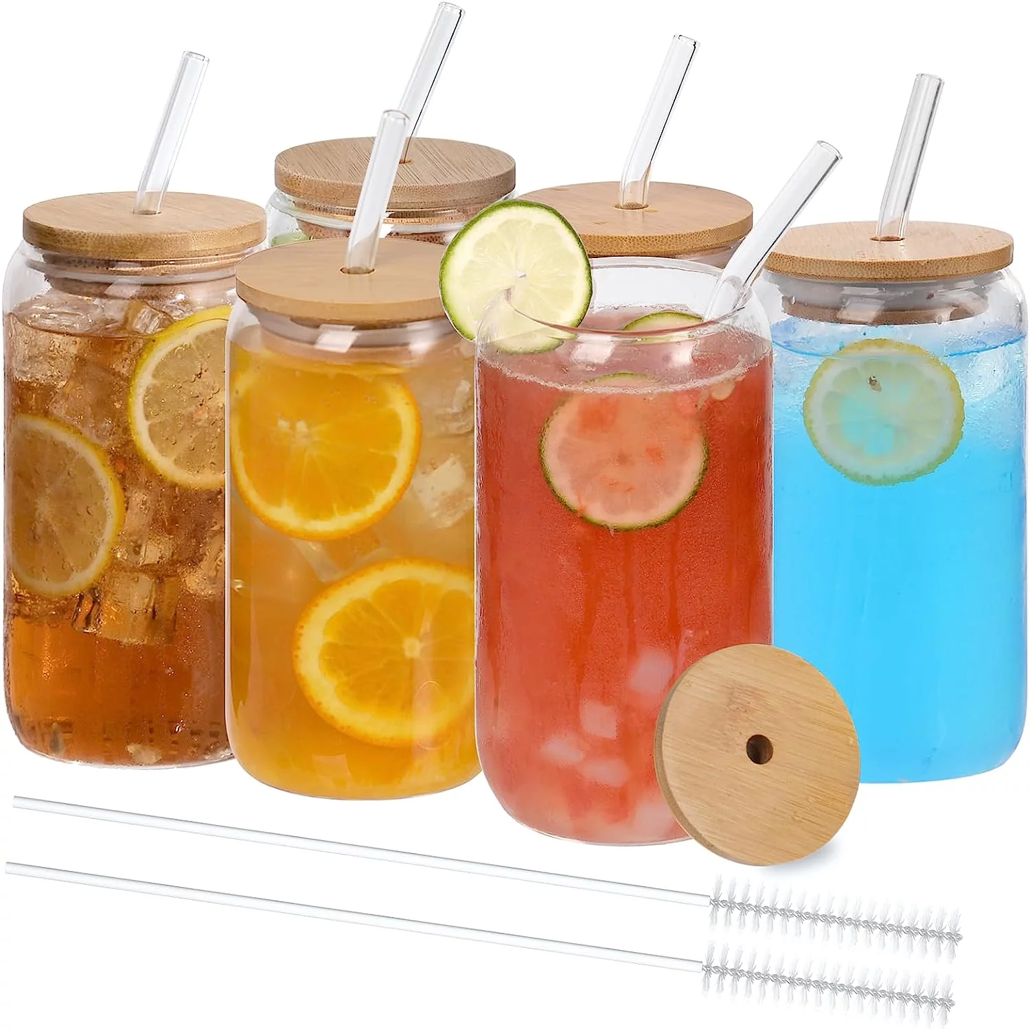 Gijjgole 6pcs Glass Cups with Bamboo Lids and Glass Straws, 16oz Beer Glasses Can Shaped Glass Cups, Clear Glass Cups, Cute Tumbler Cup, Ideal for Whiskey, Cocktail, Iced Coffee Gift-2Cleaning Brushes
