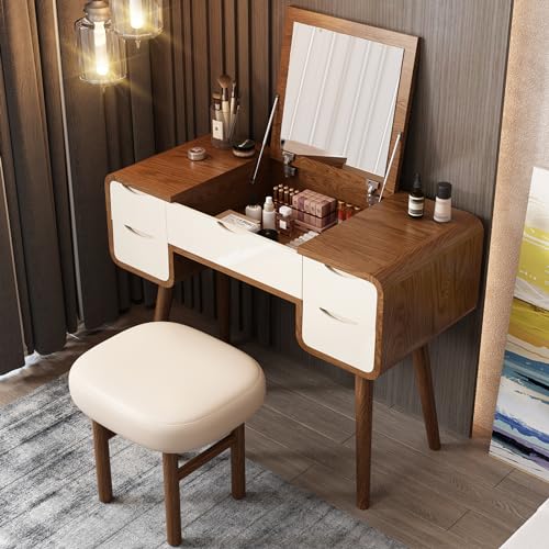 Lartis Flip Top Vanity Table Stylish Makeup Vanity with Stool, Makeup Vanity Desk, Reversible Makeup Mirror, Hidden Storage Compartment,Very Easy to Assemble,Can be Used as a Desk