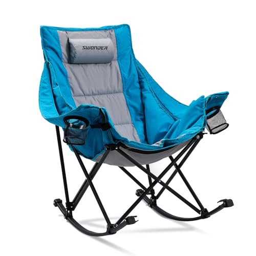 Swonder Oversized Rocking Camping Chair with Innovative 2-in-1 Removable Seat Cushion for All Seasons, Fully Padded Folding Outdoor Chair with Headrest and Carry Bag
