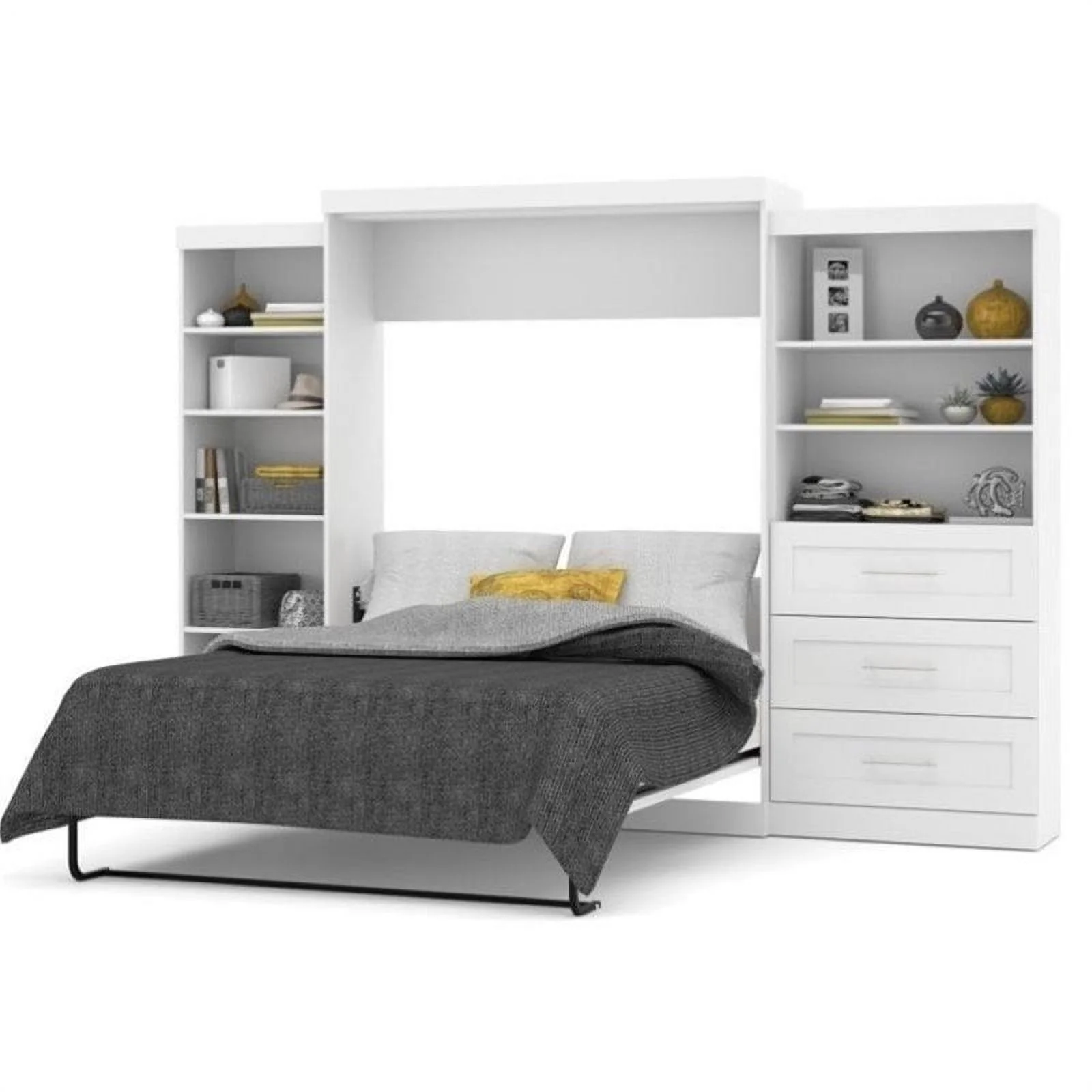Pemberly Row Transitional Wood Queen Wall Bed w/ Storage in White
