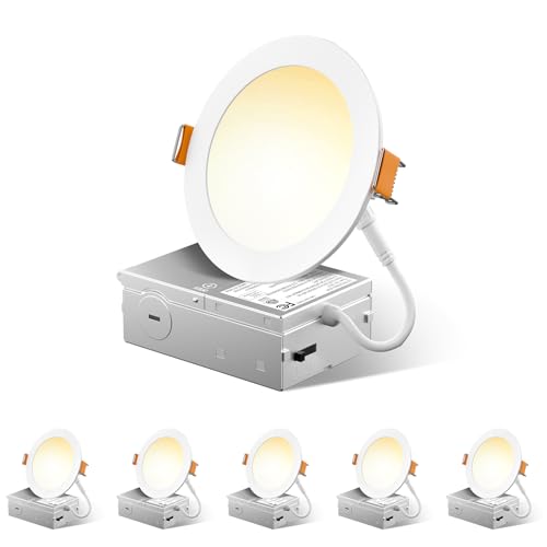 6 Pack 6 Inch 5CCT Ultra-Thin LED Recessed Ceiling Light with Junction Box, 2700K/3000K/3500K/4000K/5000K Selectable, 1050LM Brightness, Dimmable Canless Wafer Downlight, 12WEqv110W, ETL&FCC