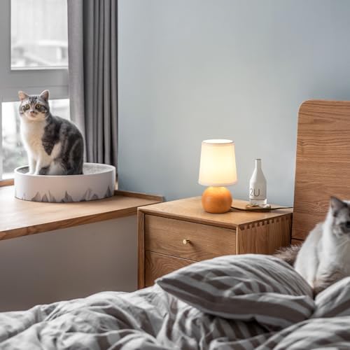 Modern Bedside Table Lamp, Small Bedside Lamp, Nightstand Lamp for Bedroom with Fabric Shade & Wood Finish, Minimalist Table Lamp for Living Room End Table, Kid's Room, Office, Hotel 10.6